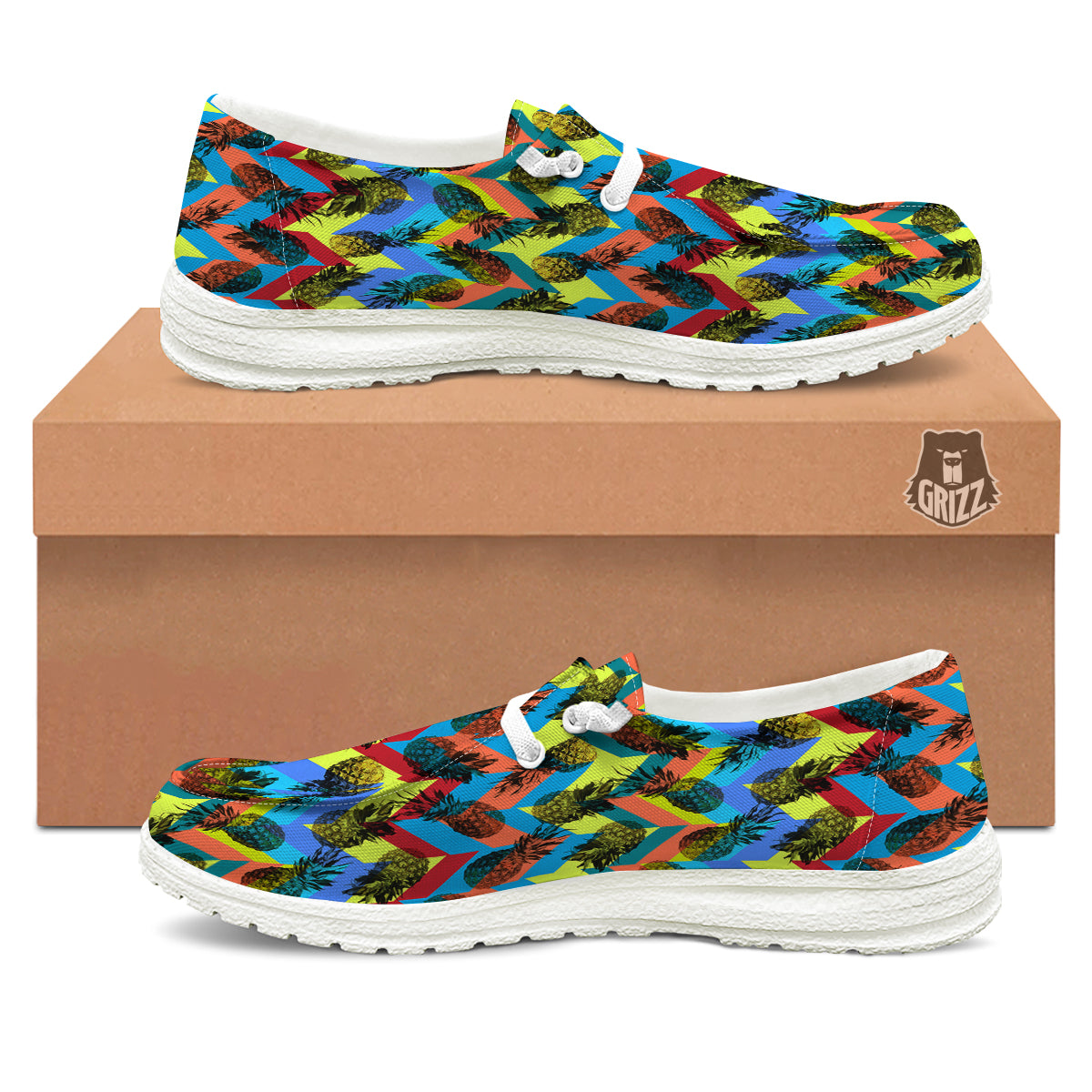 Pineapple Zigzag Print Pattern White Loafers-grizzshop