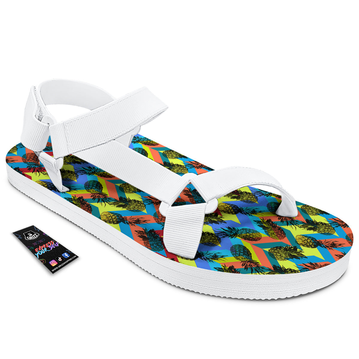 Pineapple Zigzag Print Pattern White Open Toe Sandals-grizzshop