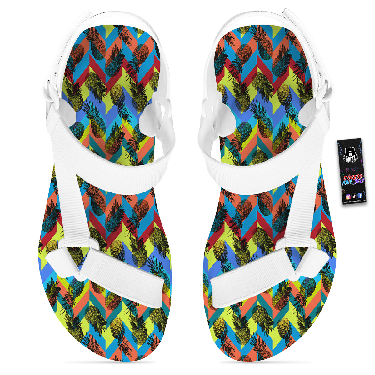 Pineapple Zigzag Print Pattern White Open Toe Sandals-grizzshop