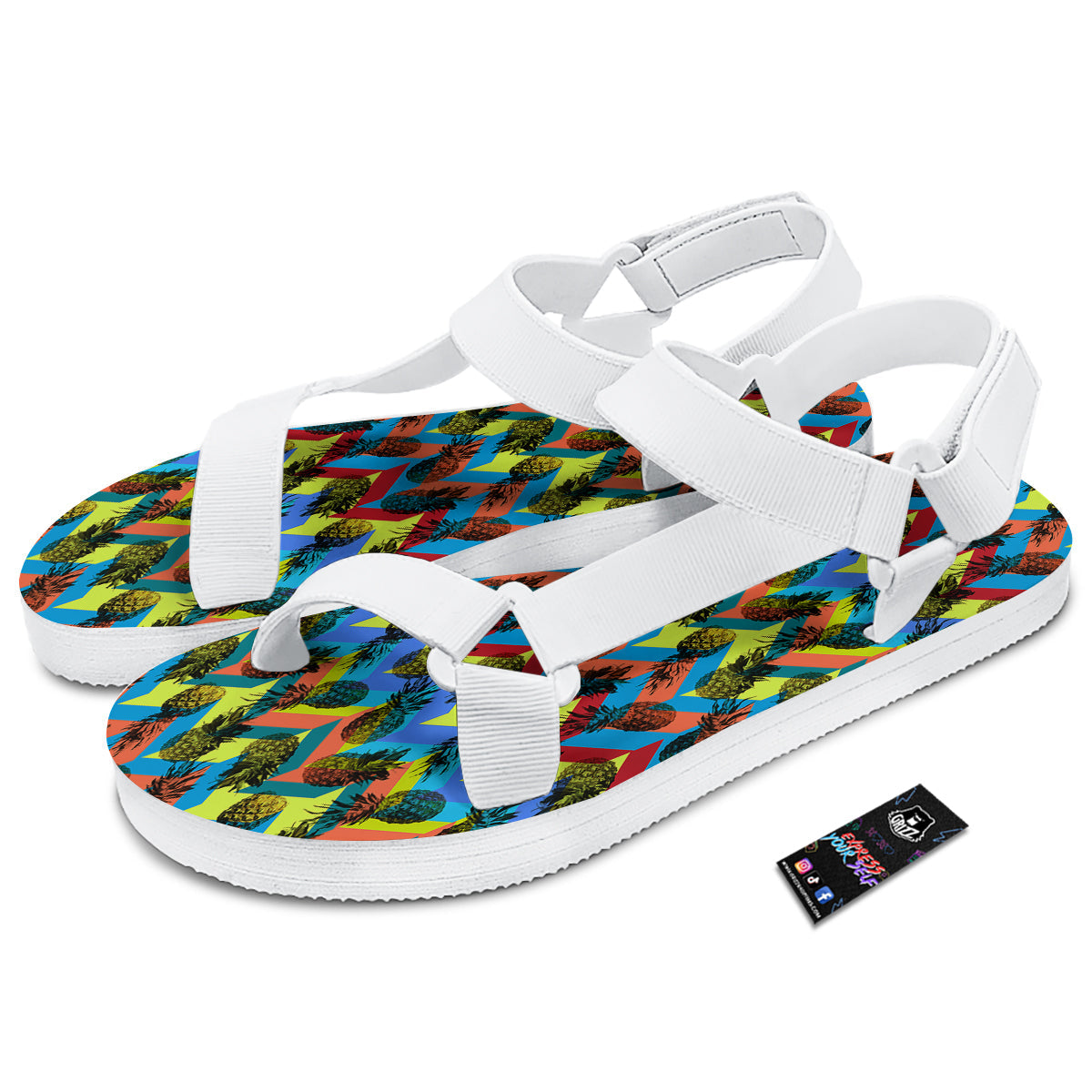 Pineapple Zigzag Print Pattern White Open Toe Sandals-grizzshop