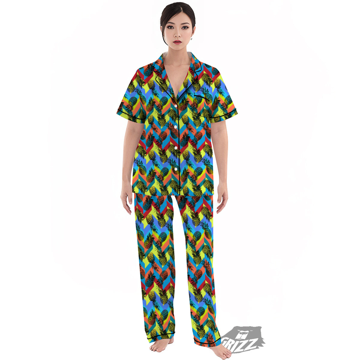 Pineapple Zigzag Print Pattern Women's Pajamas Set-grizzshop