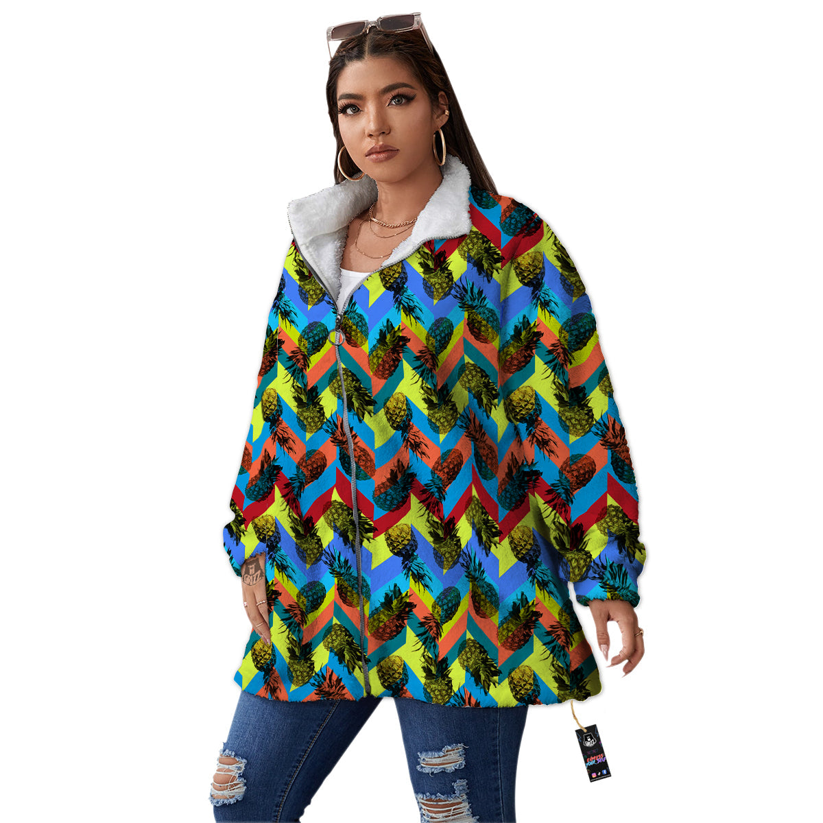 Pineapple Zigzag Print Pattern Women's Sherpa Jacket-grizzshop