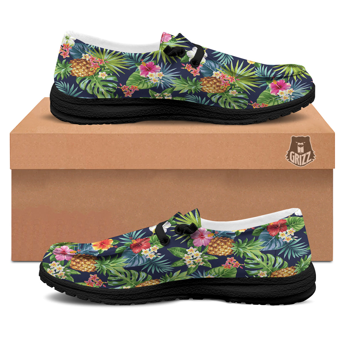 Pineapples Tropical Print Pattern Black Loafers-grizzshop