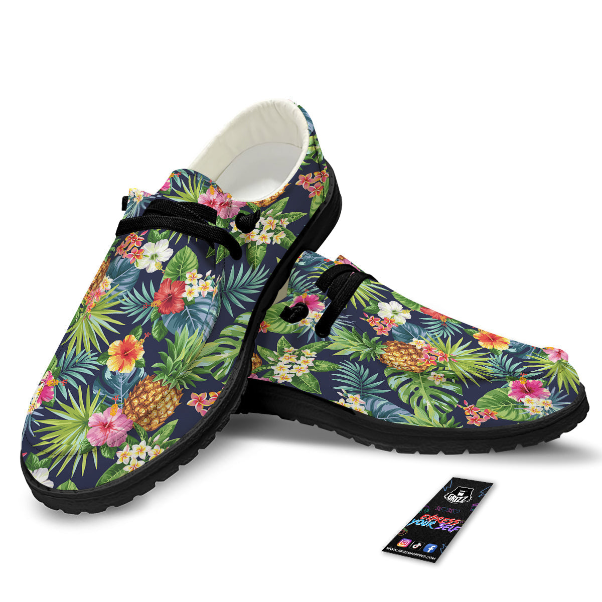 Pineapples Tropical Print Pattern Black Loafers-grizzshop