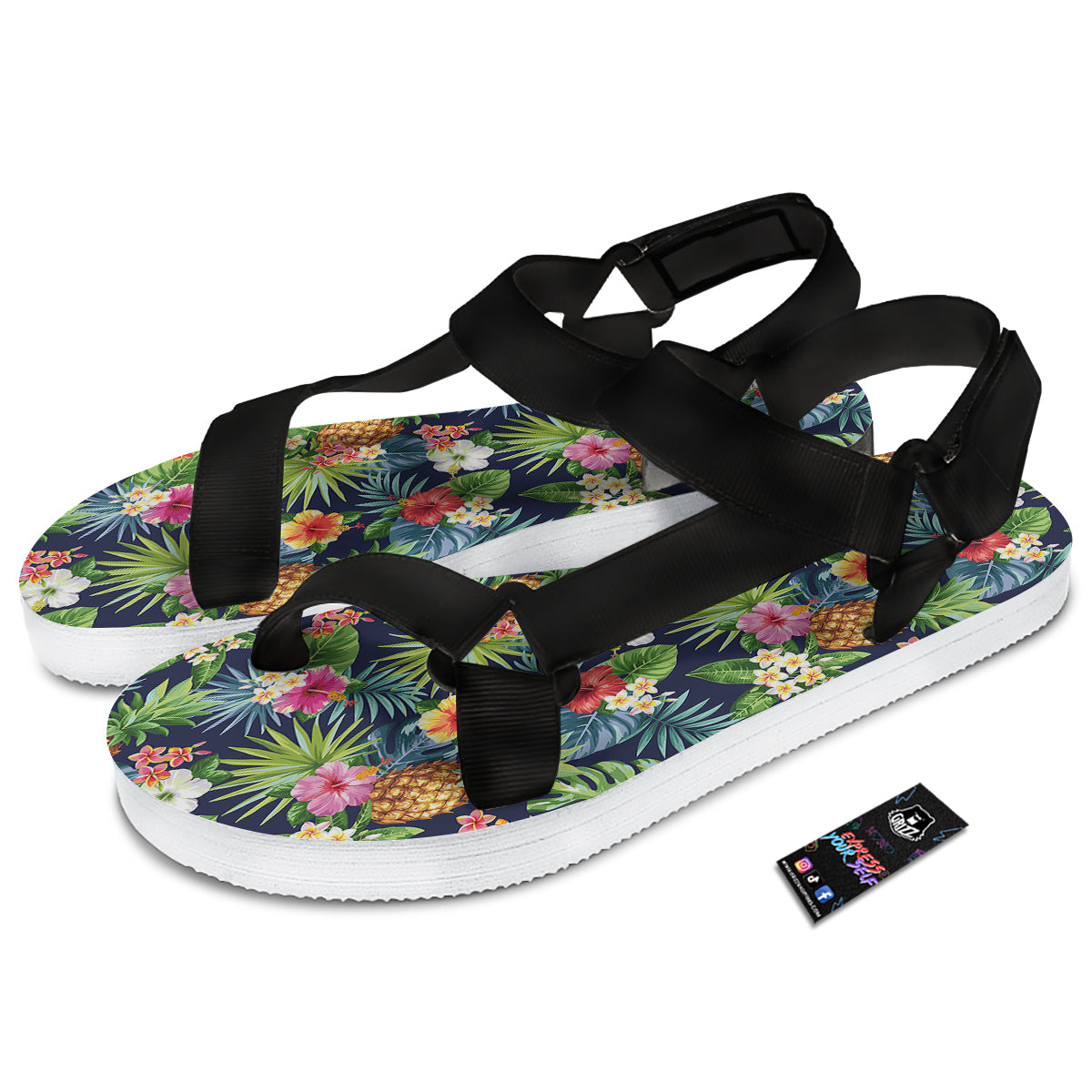 Pineapples Tropical Print Pattern Black Open Toe Sandals-grizzshop