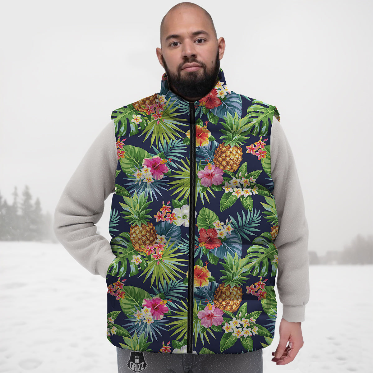 Pineapples Tropical Print Pattern Down Vest-grizzshop