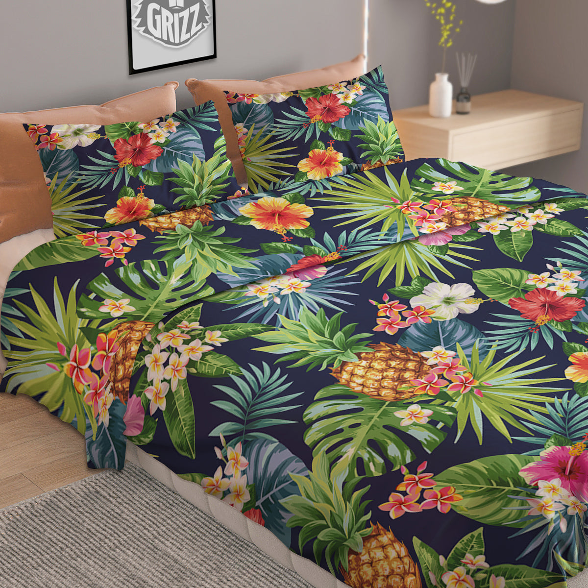 Pineapples Tropical Print Pattern Duvet Cover Bedding Set-grizzshop