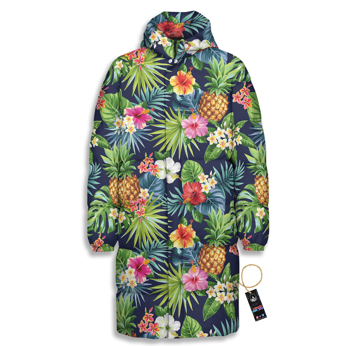 Pineapples Tropical Print Pattern Long Down Jacket-grizzshop