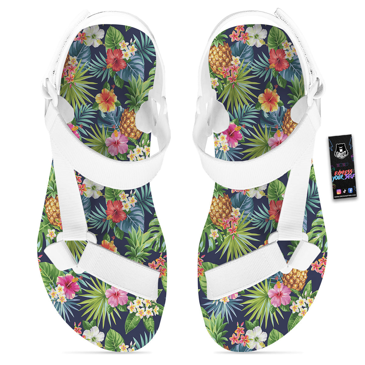 Pineapples Tropical Print Pattern White Open Toe Sandals-grizzshop