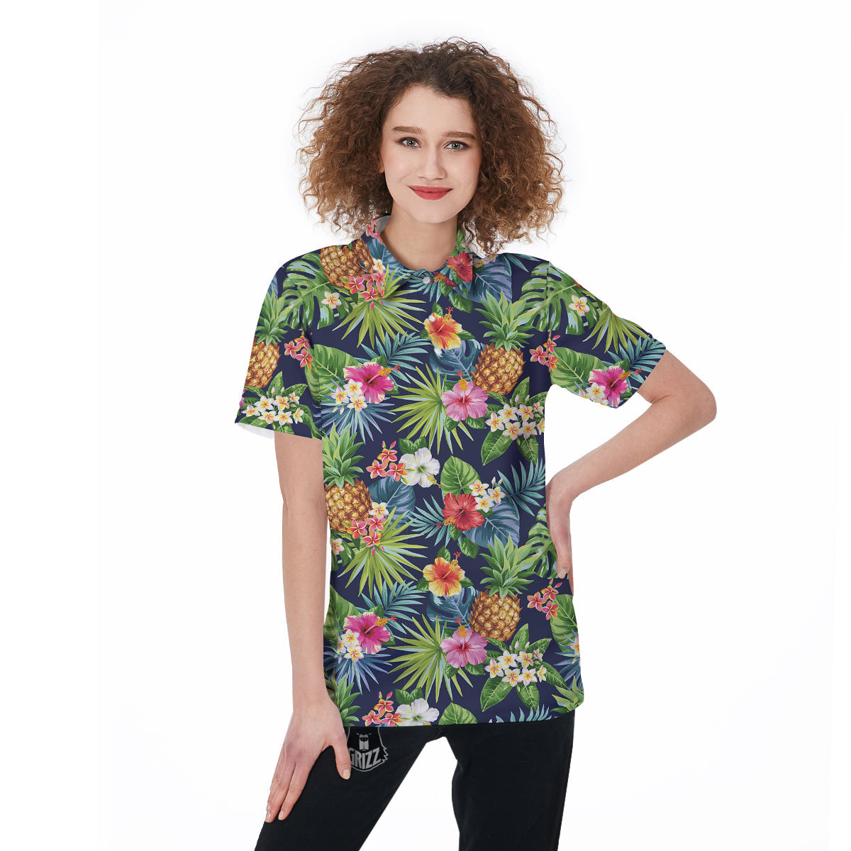Green Pineapple Print Women's Golf Shirts