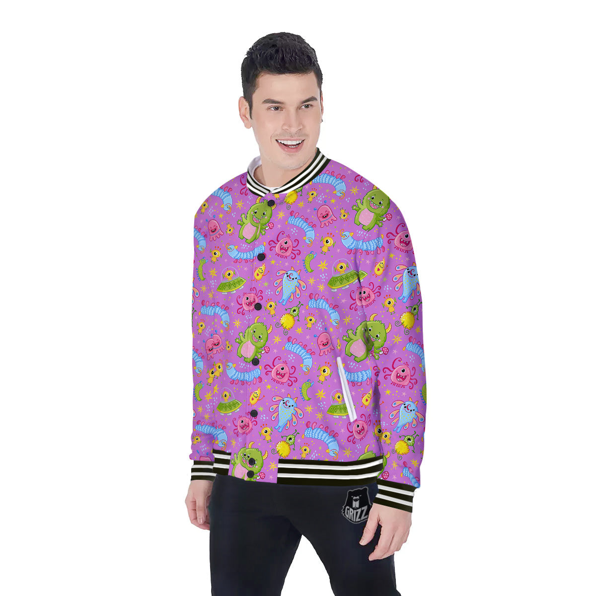 Pink Alien And Cute Monsters Print Pattern Baseball Jacket-grizzshop