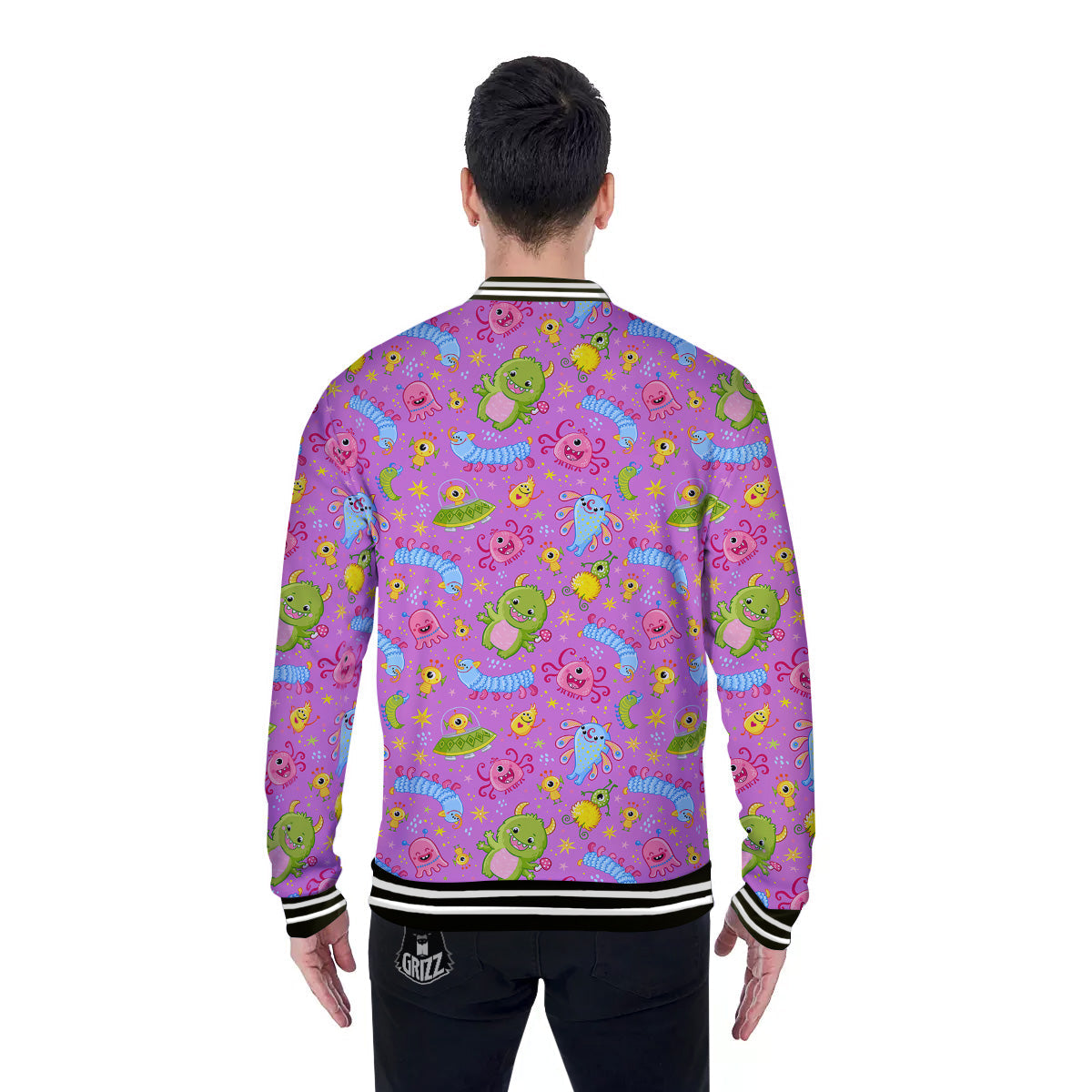 Pink Alien And Cute Monsters Print Pattern Baseball Jacket-grizzshop