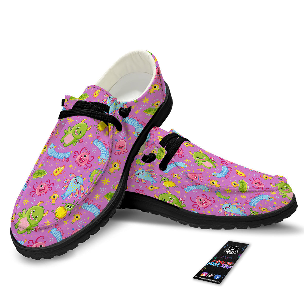 Pink Alien And Cute Monsters Print Pattern Black Loafers-grizzshop