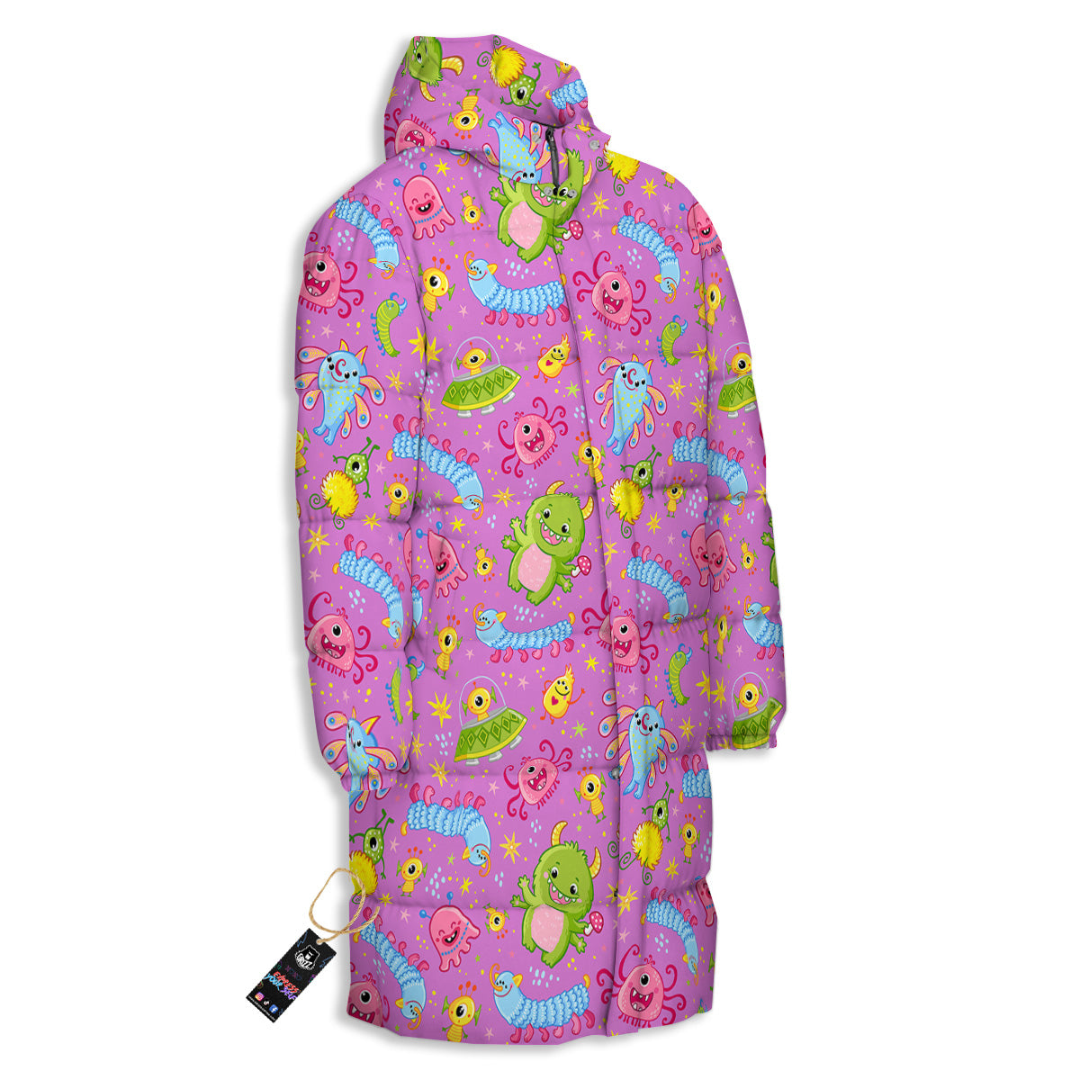 Pink Alien And Cute Monsters Print Pattern Long Down Jacket-grizzshop