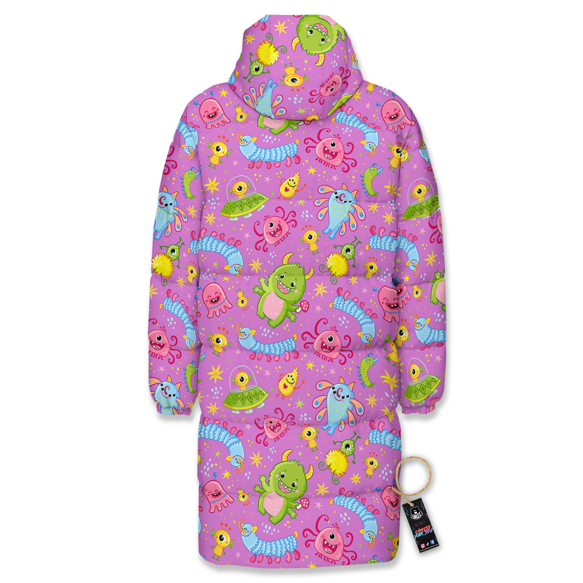Pink Alien And Cute Monsters Print Pattern Long Down Jacket-grizzshop