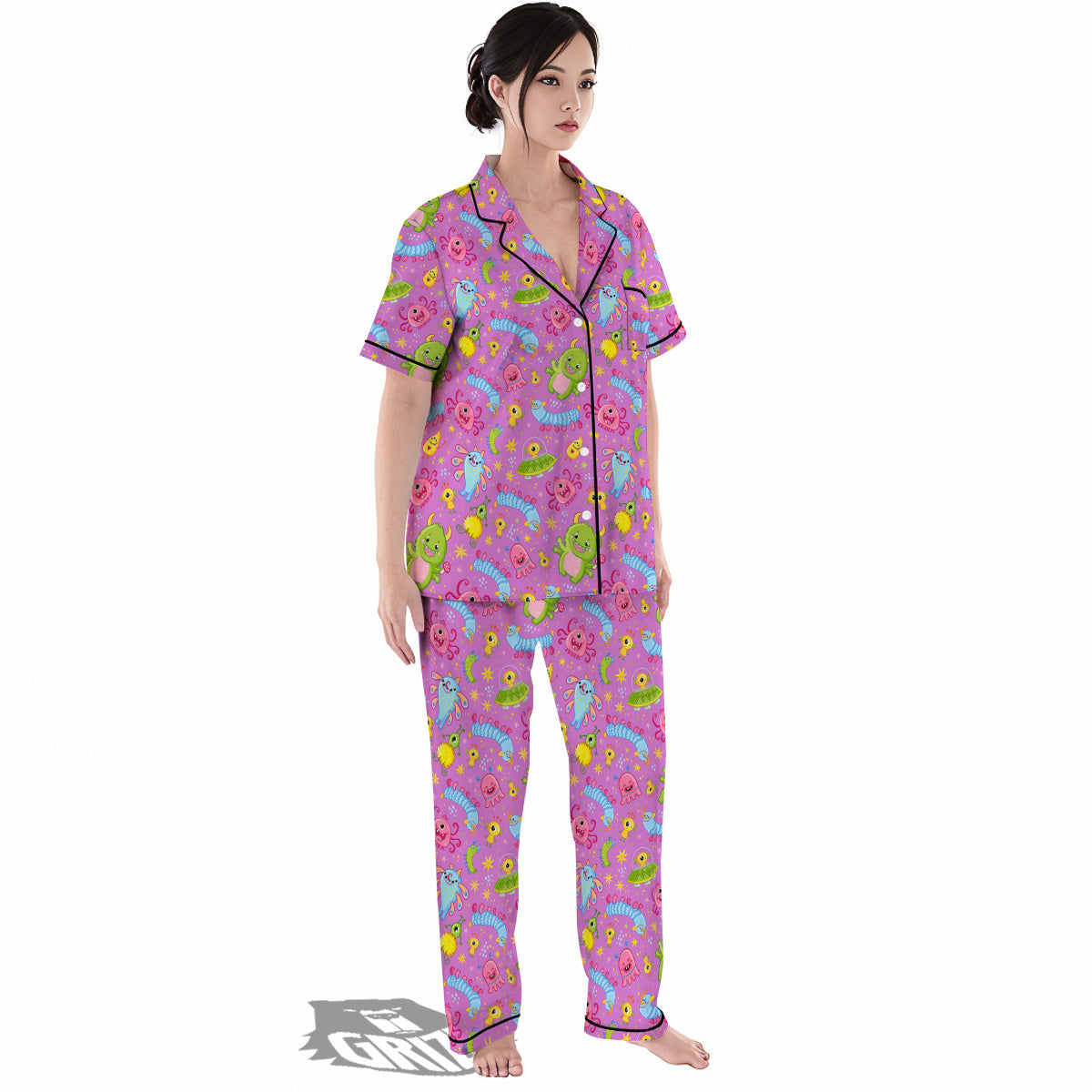 Pink Alien And Cute Monsters Print Pattern Women's Pajamas Set-grizzshop