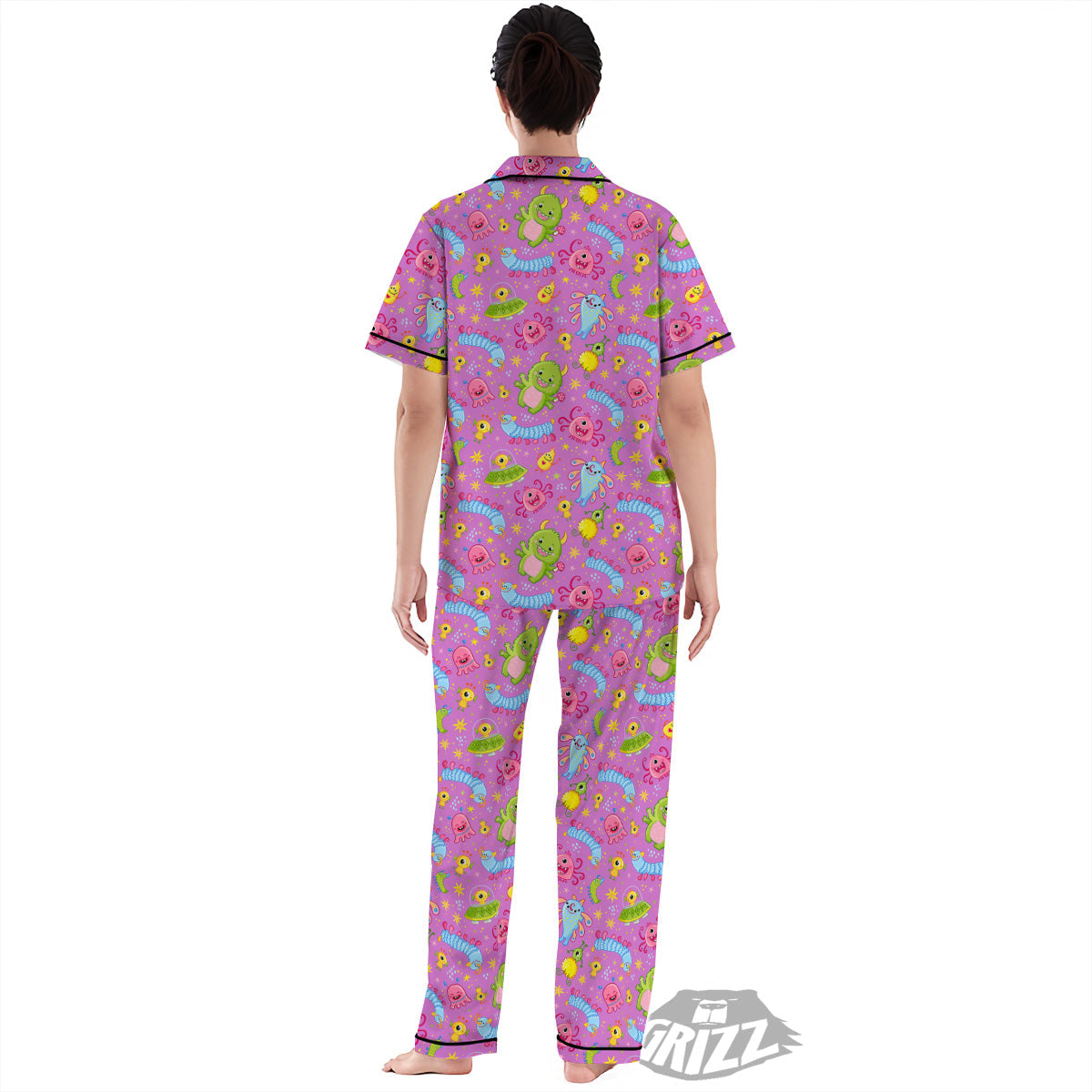 Pink Alien And Cute Monsters Print Pattern Women's Pajamas Set-grizzshop