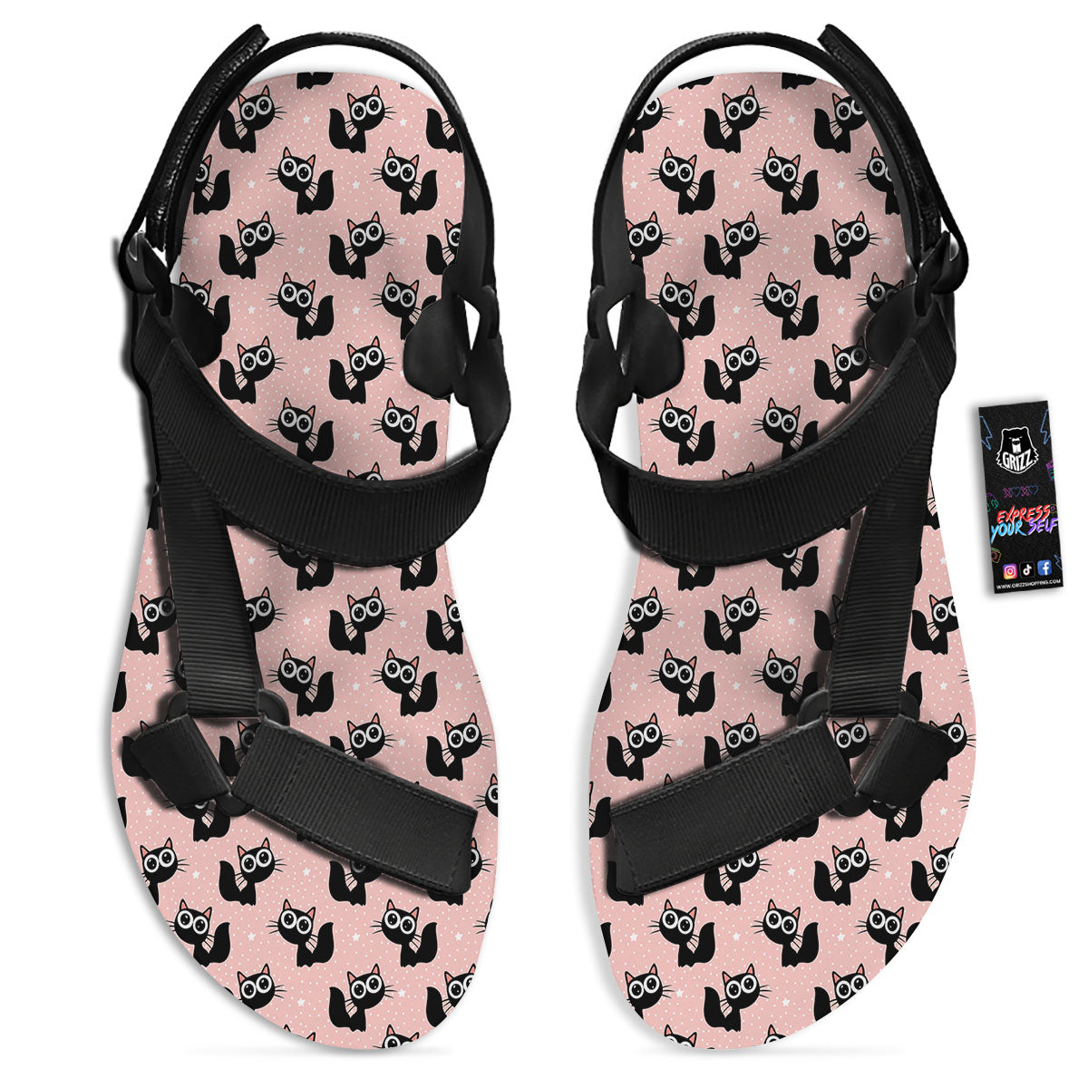 Pink And Black Cat Print Pattern Black Open Toe Sandals-grizzshop