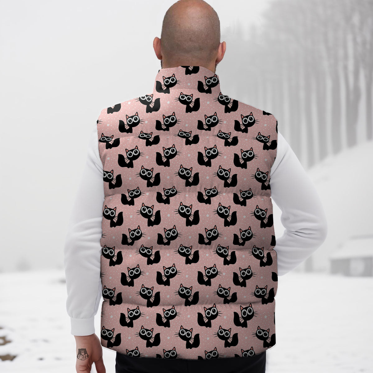 Pink And Black Cat Print Pattern Down Vest
