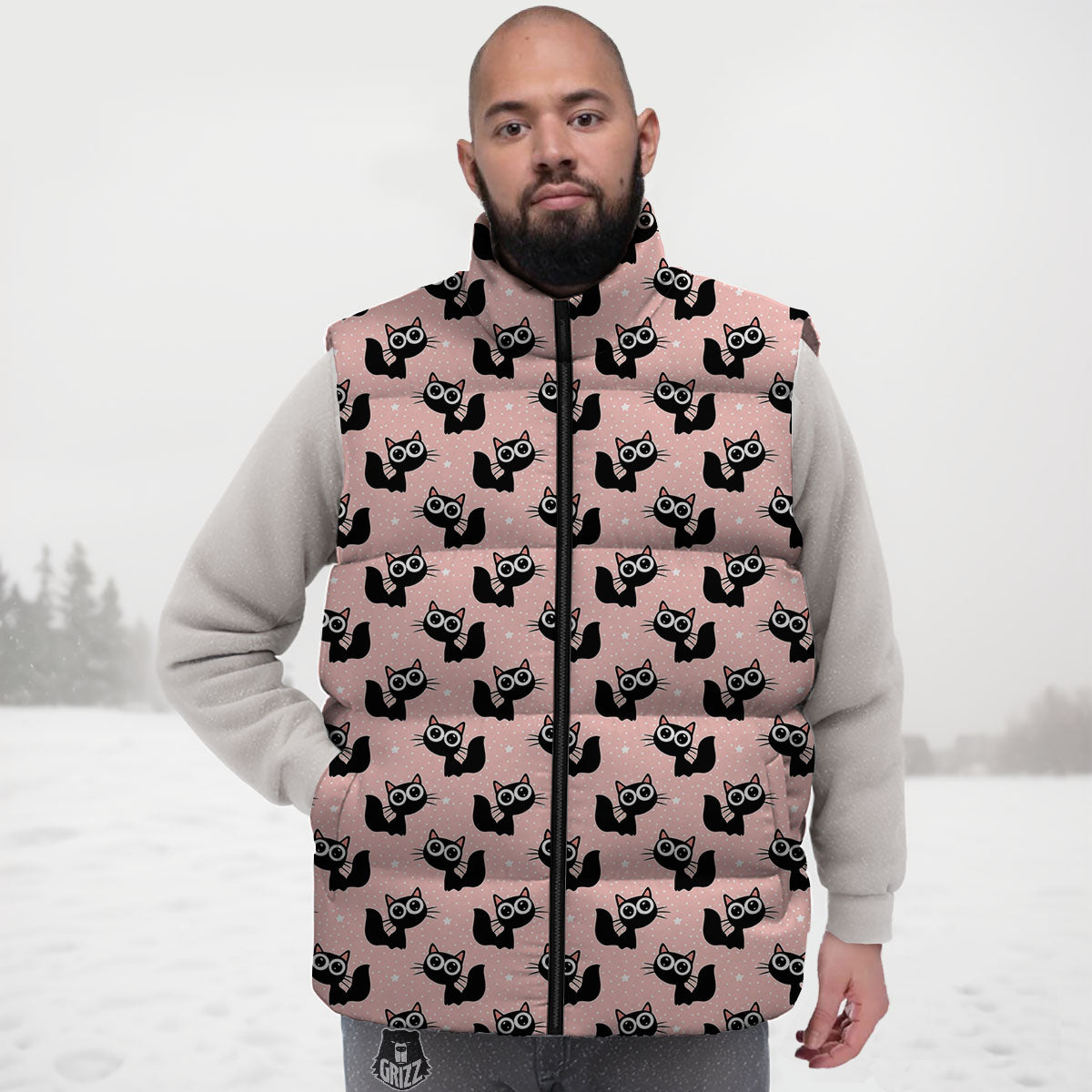 Pink And Black Cat Print Pattern Down Vest
