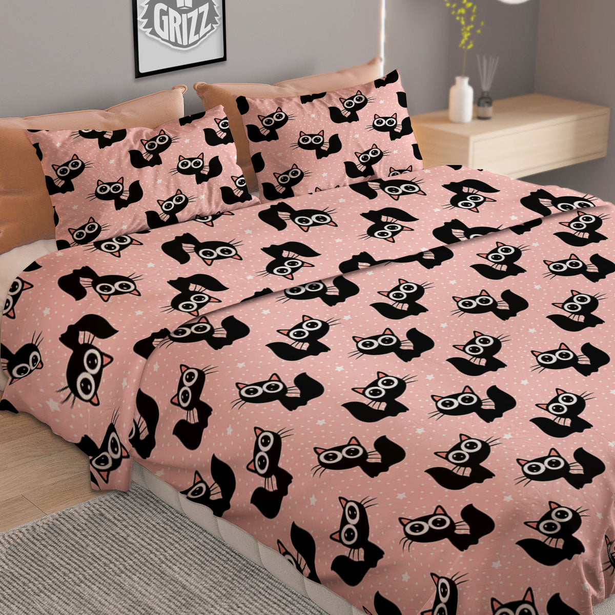 Pink And Black Cat Print Pattern Duvet Cover Bedding Set