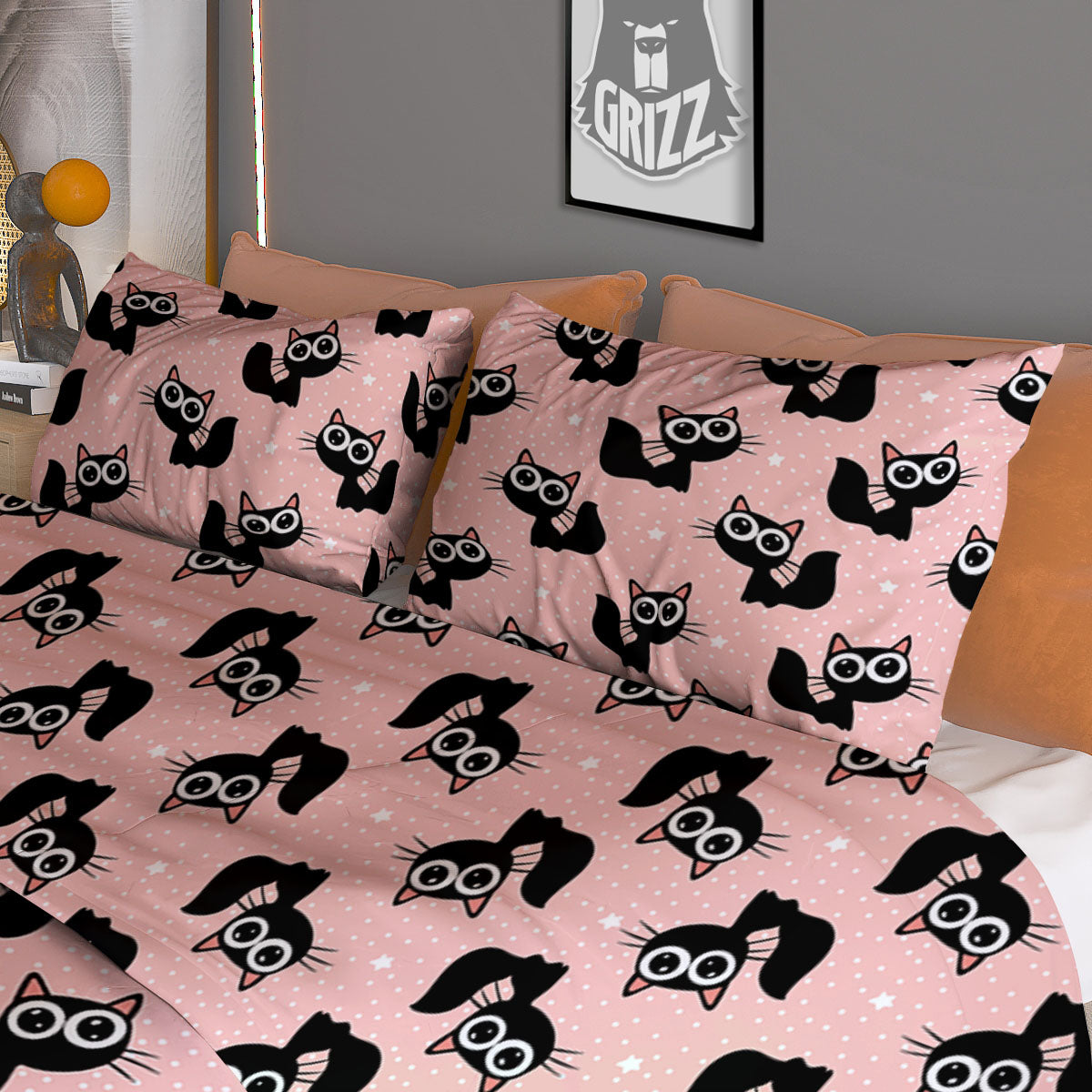 Pink And Black Cat Print Pattern Duvet Cover Bedding Set