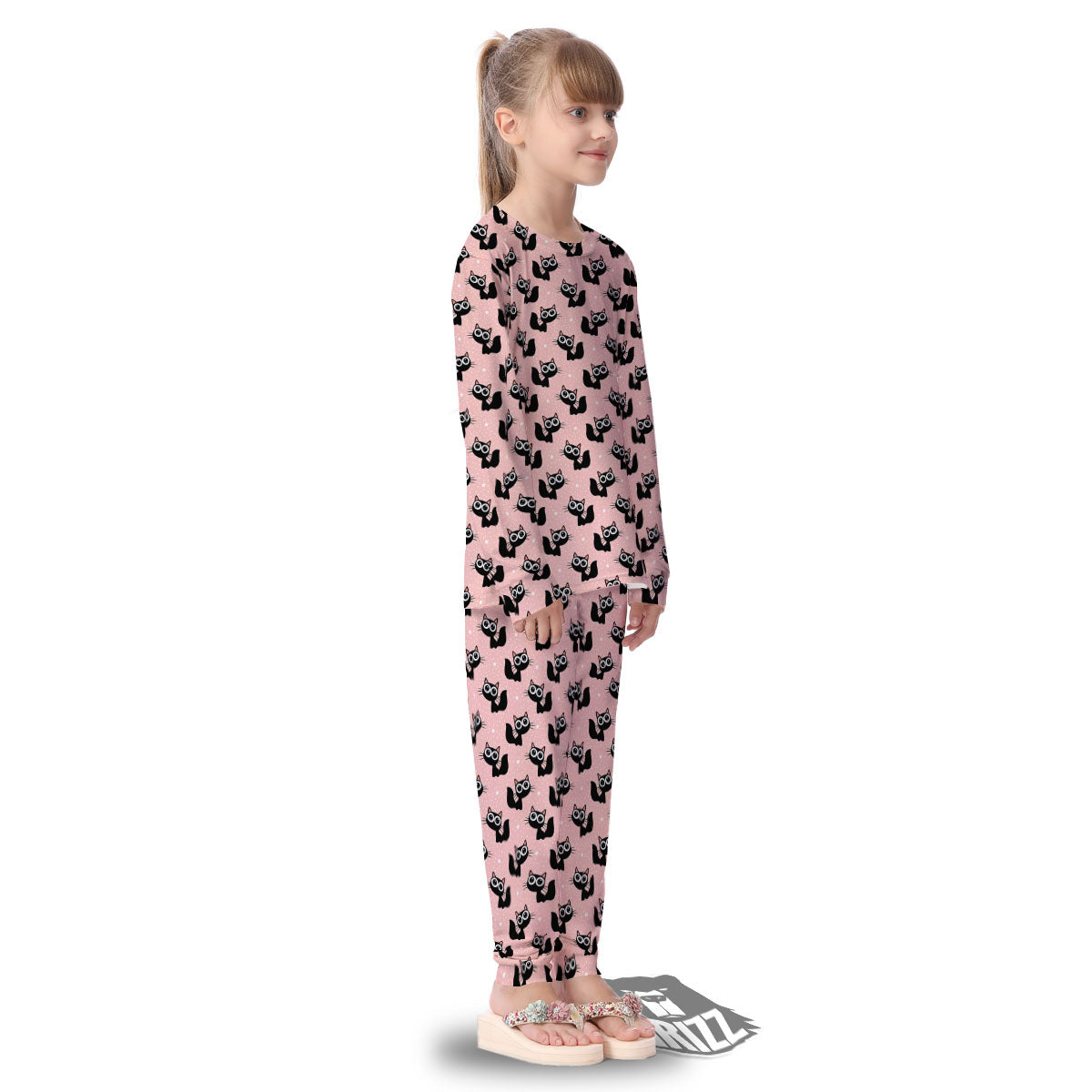 Pink And Black Cat Print Pattern Kid's Pajamas-grizzshop