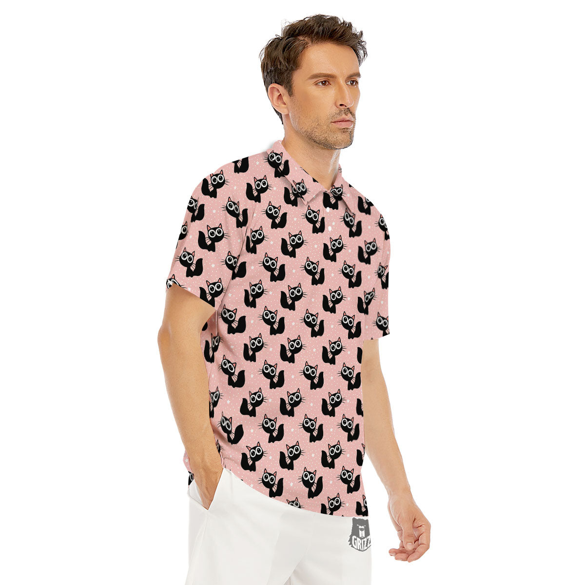 Pink And Black Cat Print Pattern Men's Golf Shirts-grizzshop