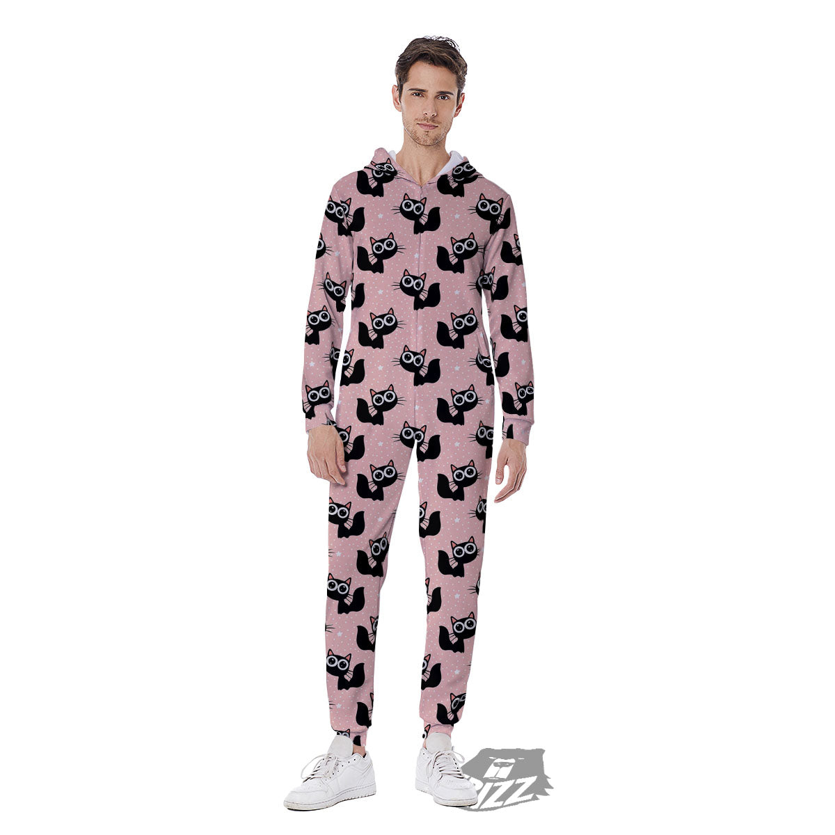 Pink And Black Cat Print Pattern Men's Jumpsuit-grizzshop