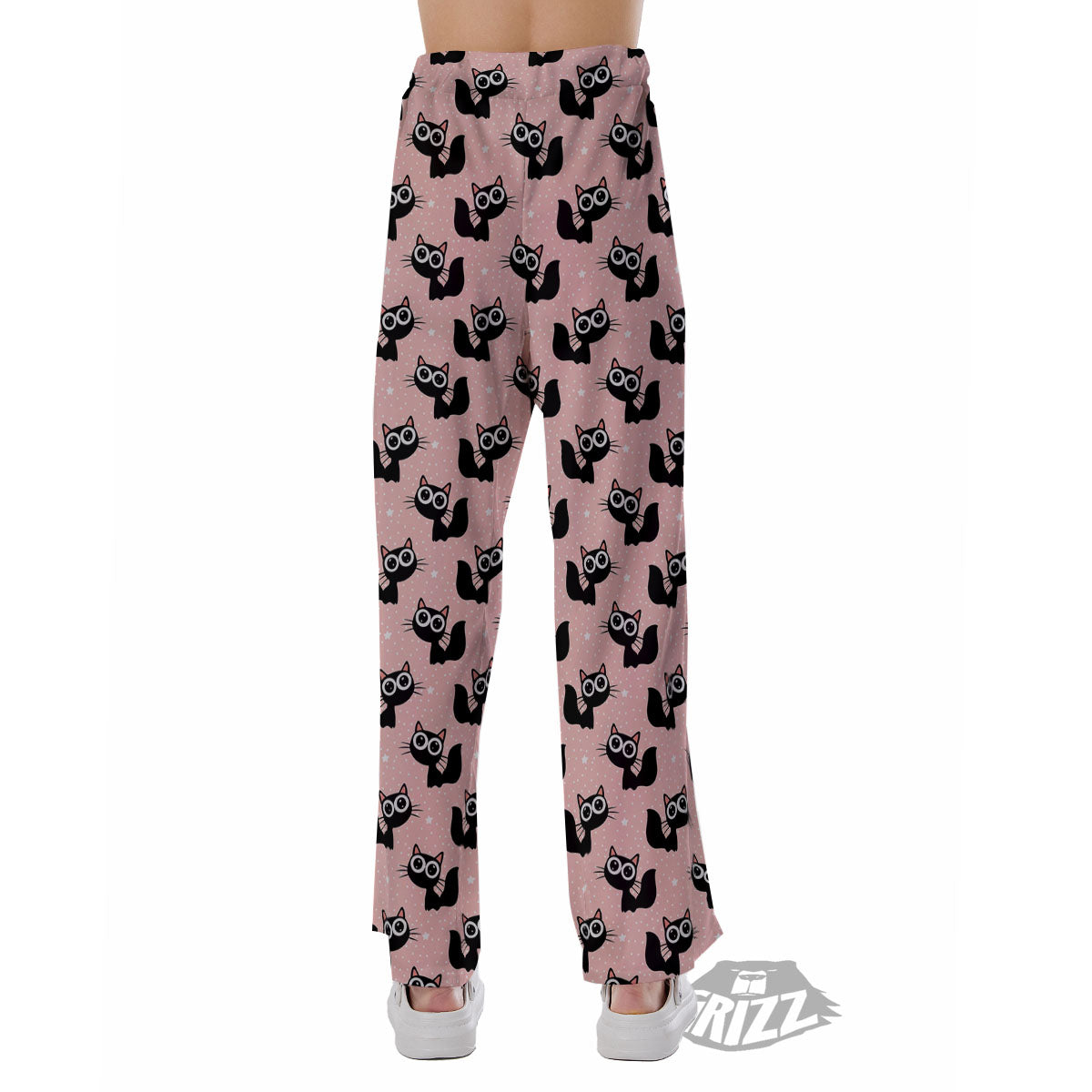 Pink And Black Cat Print Pattern Pajama Pants-grizzshop