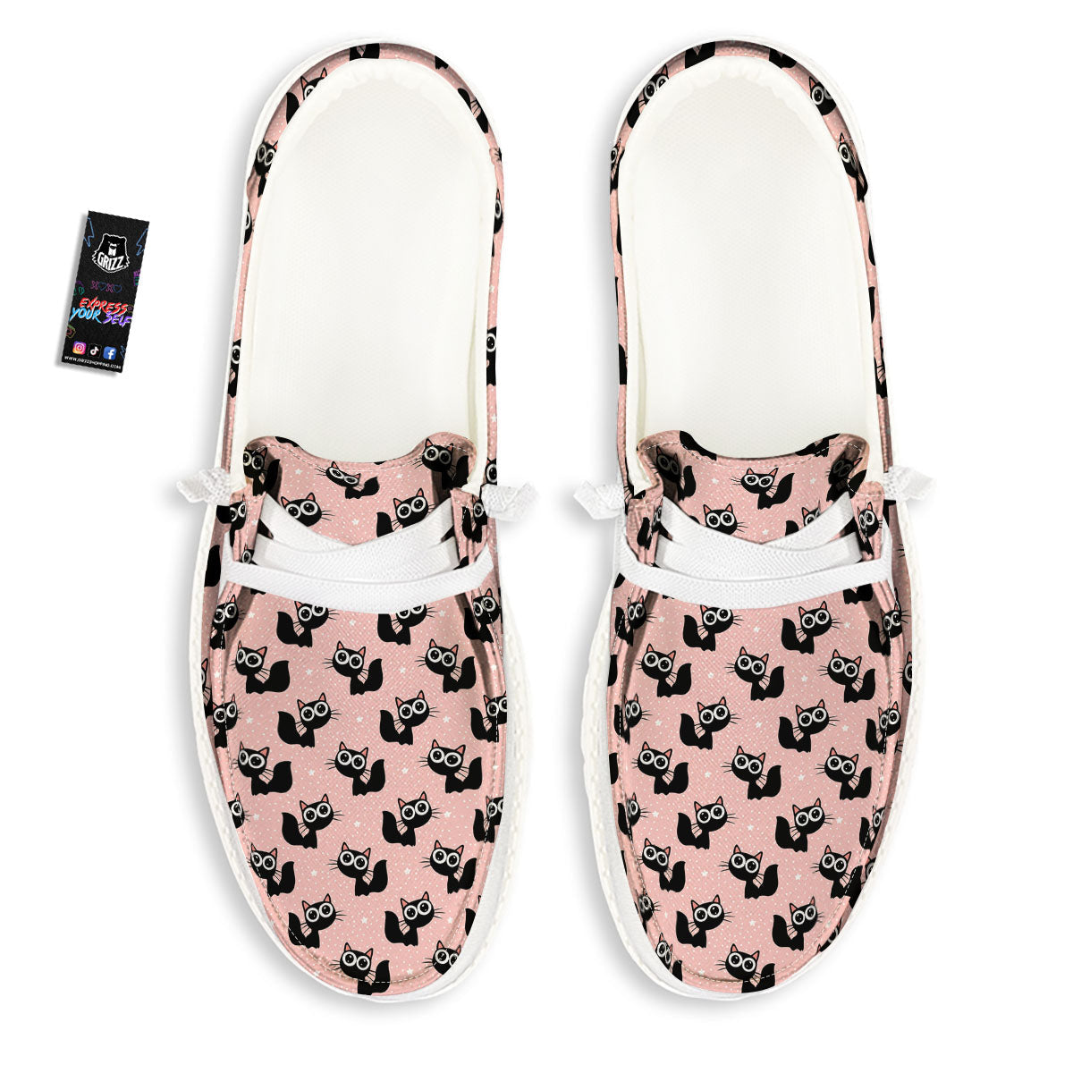 Pink And Black Cat Print Pattern White Loafers-grizzshop