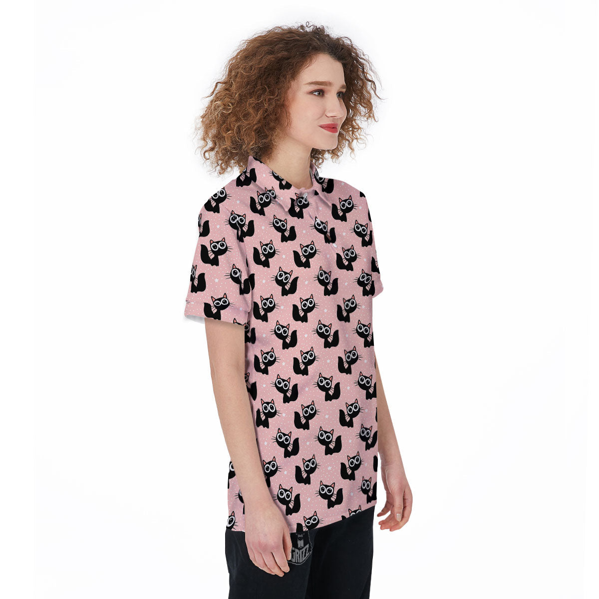 Pink And Black Cat Print Pattern Women's Golf Shirts-grizzshop