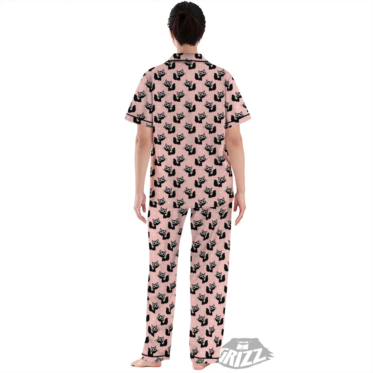 Pink And Black Cat Print Pattern Women's Pajamas Set-grizzshop