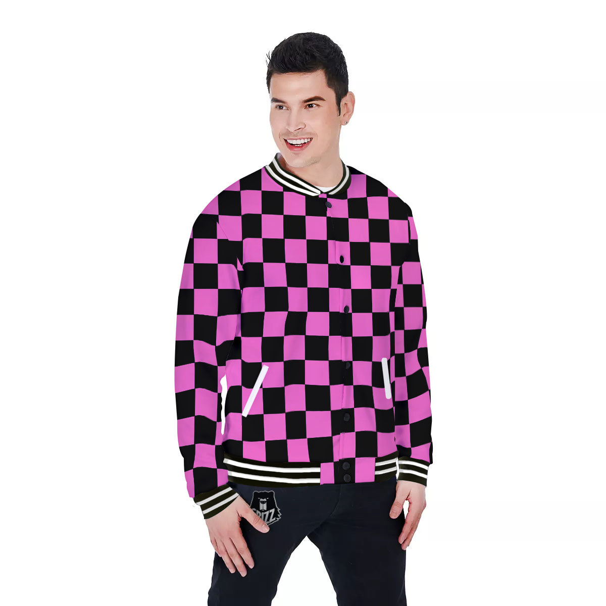 Pink And Black Checkered Print Pattern Baseball Jacket-grizzshop