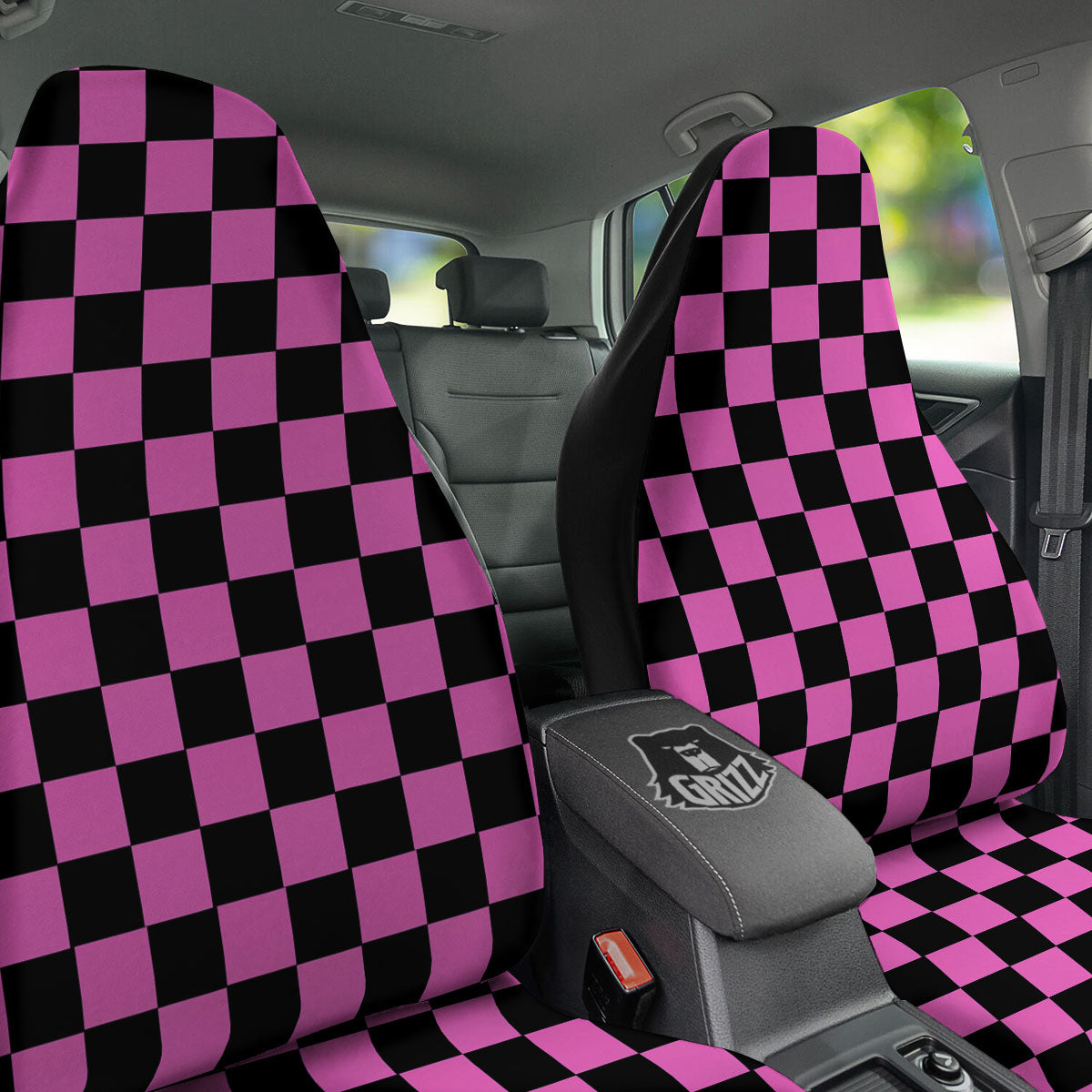 Pink And Black Checkered Print Pattern Car Seat Covers-grizzshop