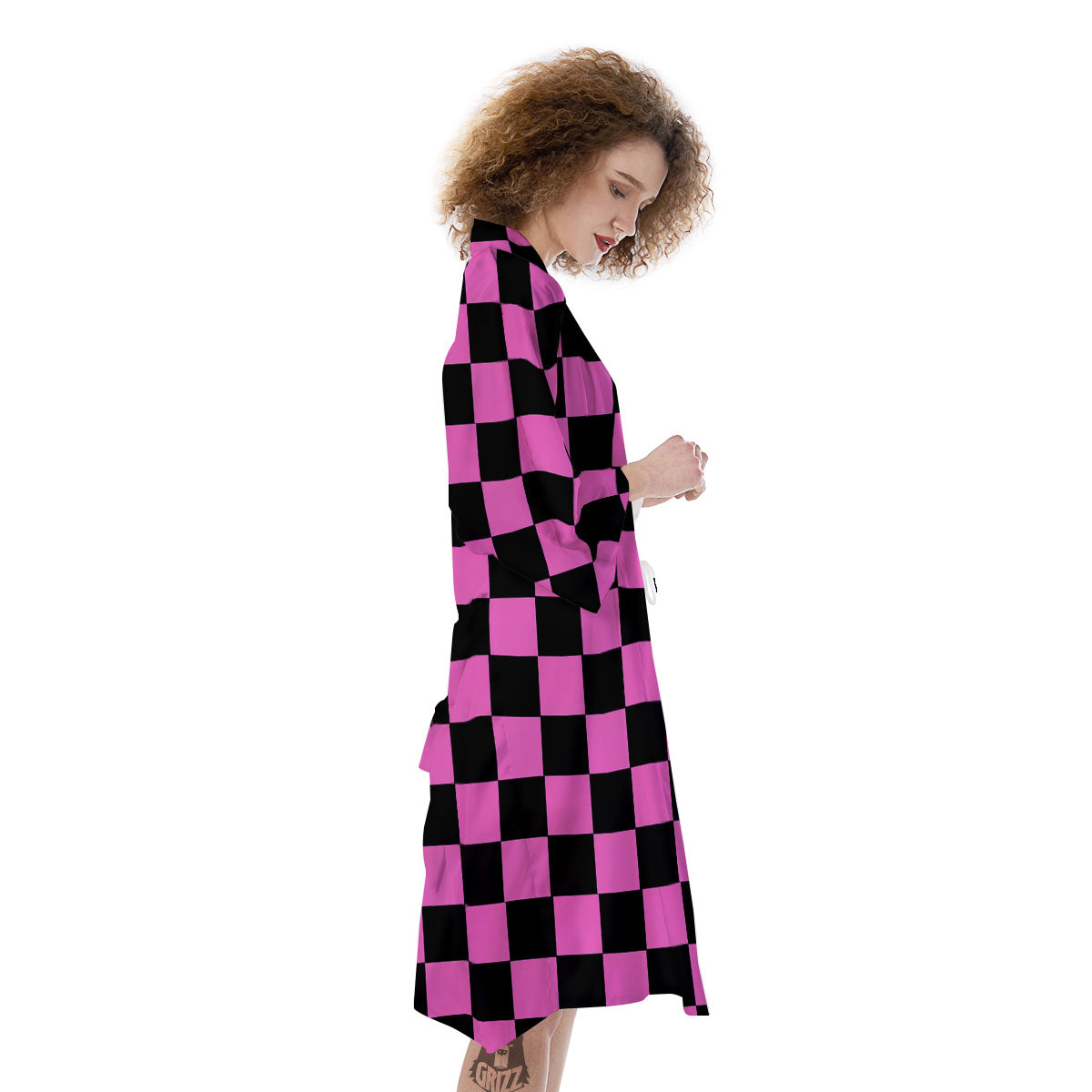 Pink And Black Checkered Print Pattern Kimono-grizzshop