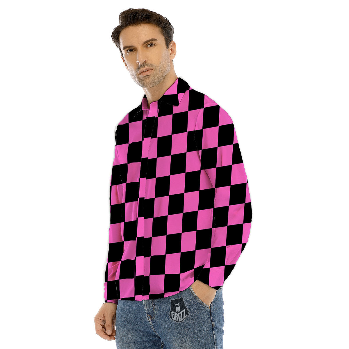 Pink And Black Checkered Print Pattern Men's Dress Shirts-grizzshop