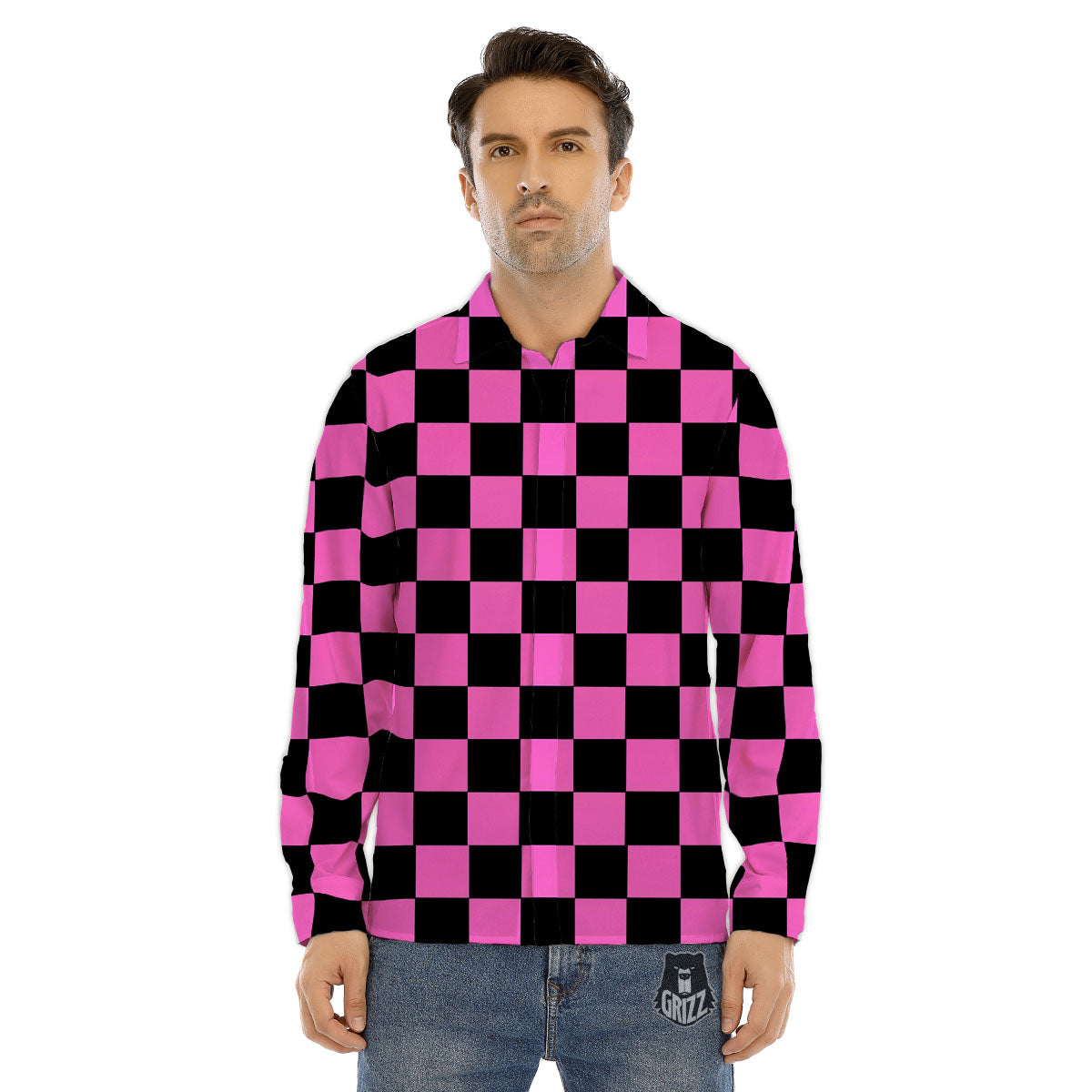 Pink And Black Checkered Print Pattern Men's Dress Shirts-grizzshop