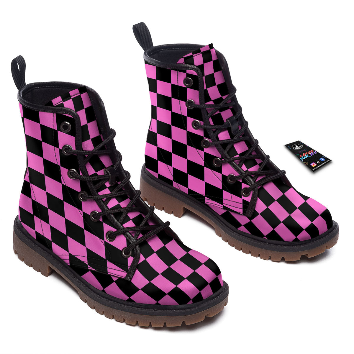 Pink And Black Checkered Print Pattern Work Boots-grizzshop