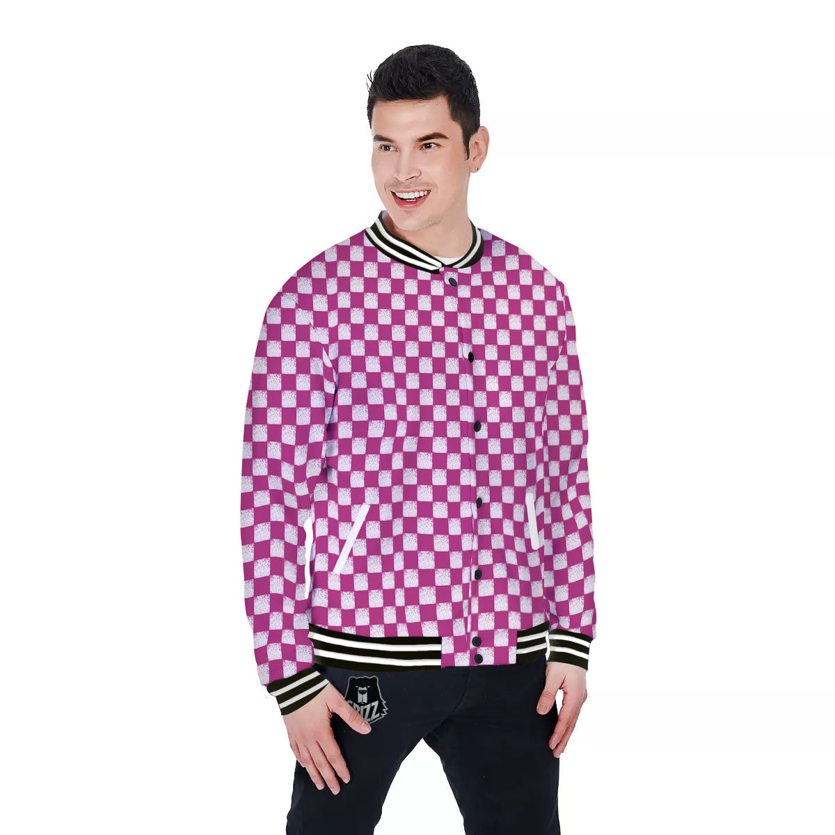 Pink And White Checkered Print Pattern Baseball Jacket-grizzshop