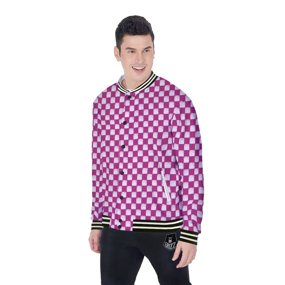 Pink And White Checkered Print Pattern Baseball Jacket-grizzshop