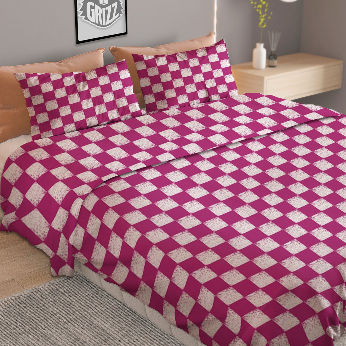 Pink And White Checkered Print Pattern Duvet Cover Bedding Set