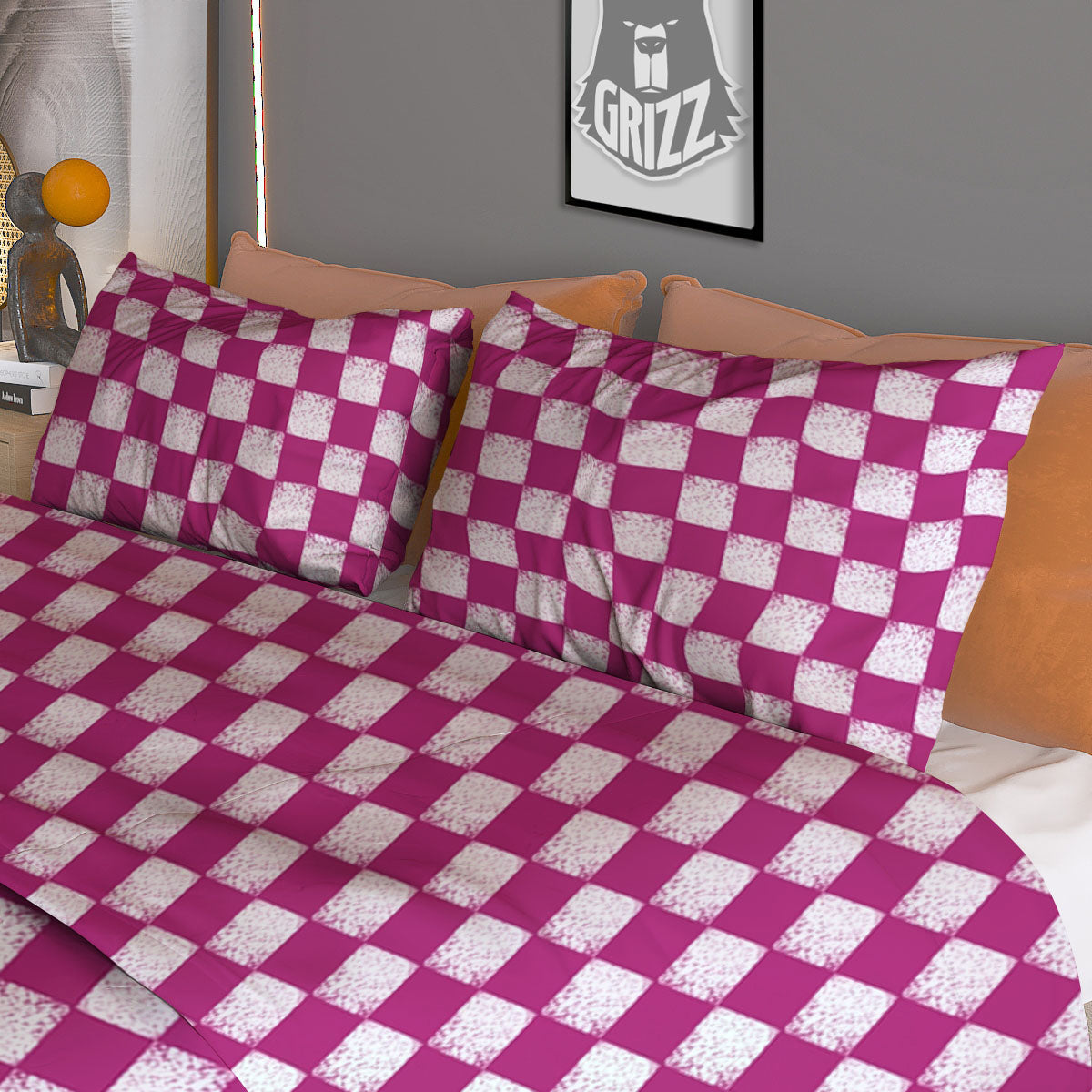 Pink And White Checkered Print Pattern Duvet Cover Bedding Set