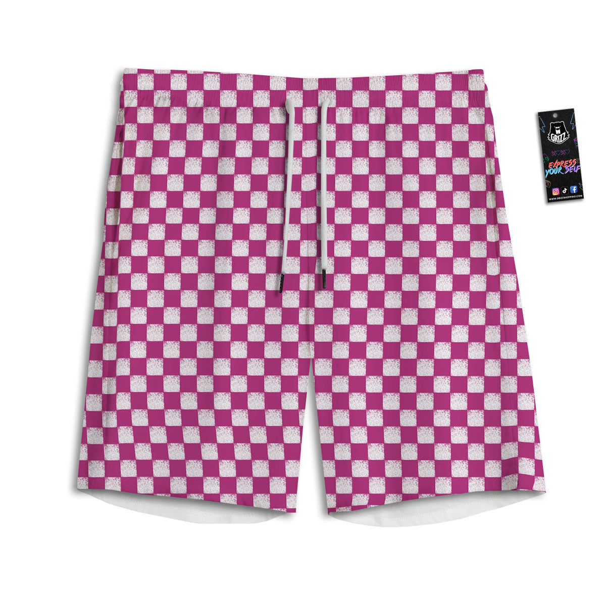 Pink And White Checkered Print Pattern Men's Athletic Shorts