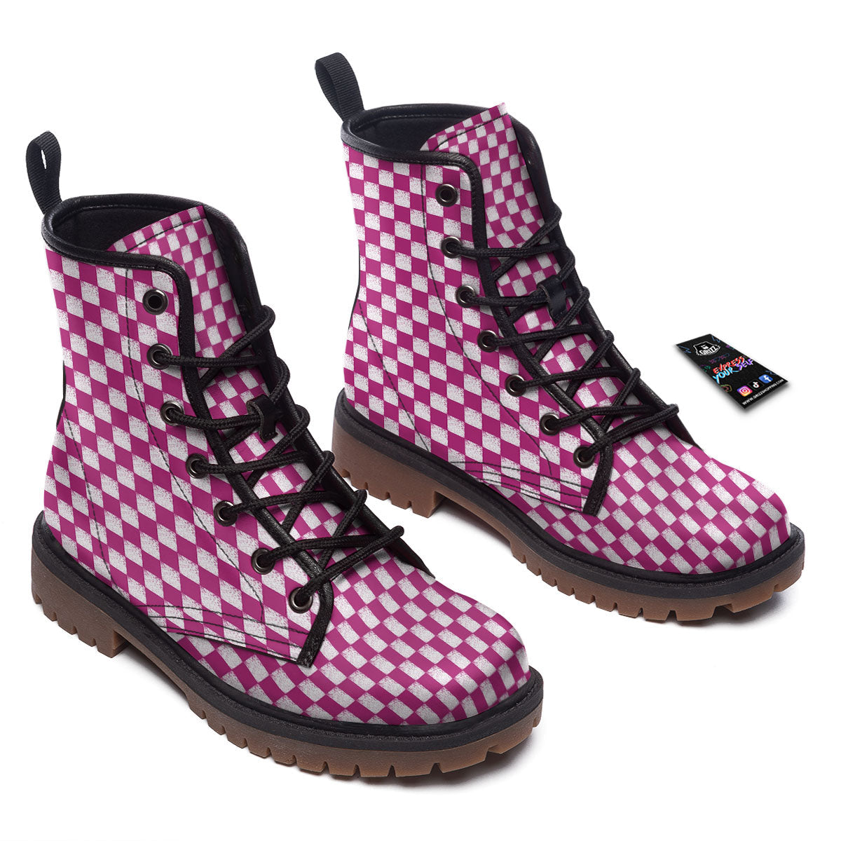 Pink And White Checkered Print Pattern Work Boots-grizzshop