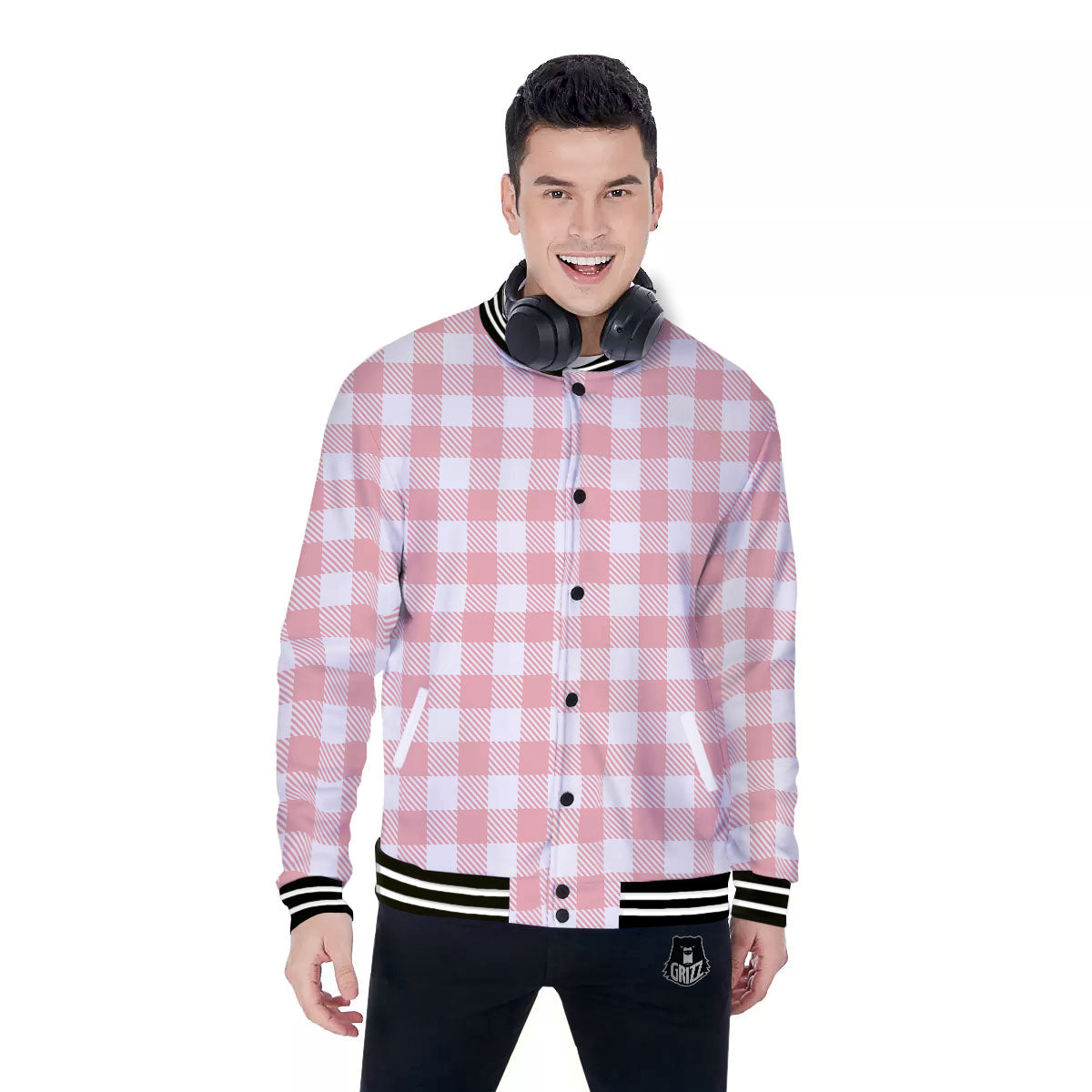 Pink And White Gingham Print Pattern Baseball Jacket-grizzshop