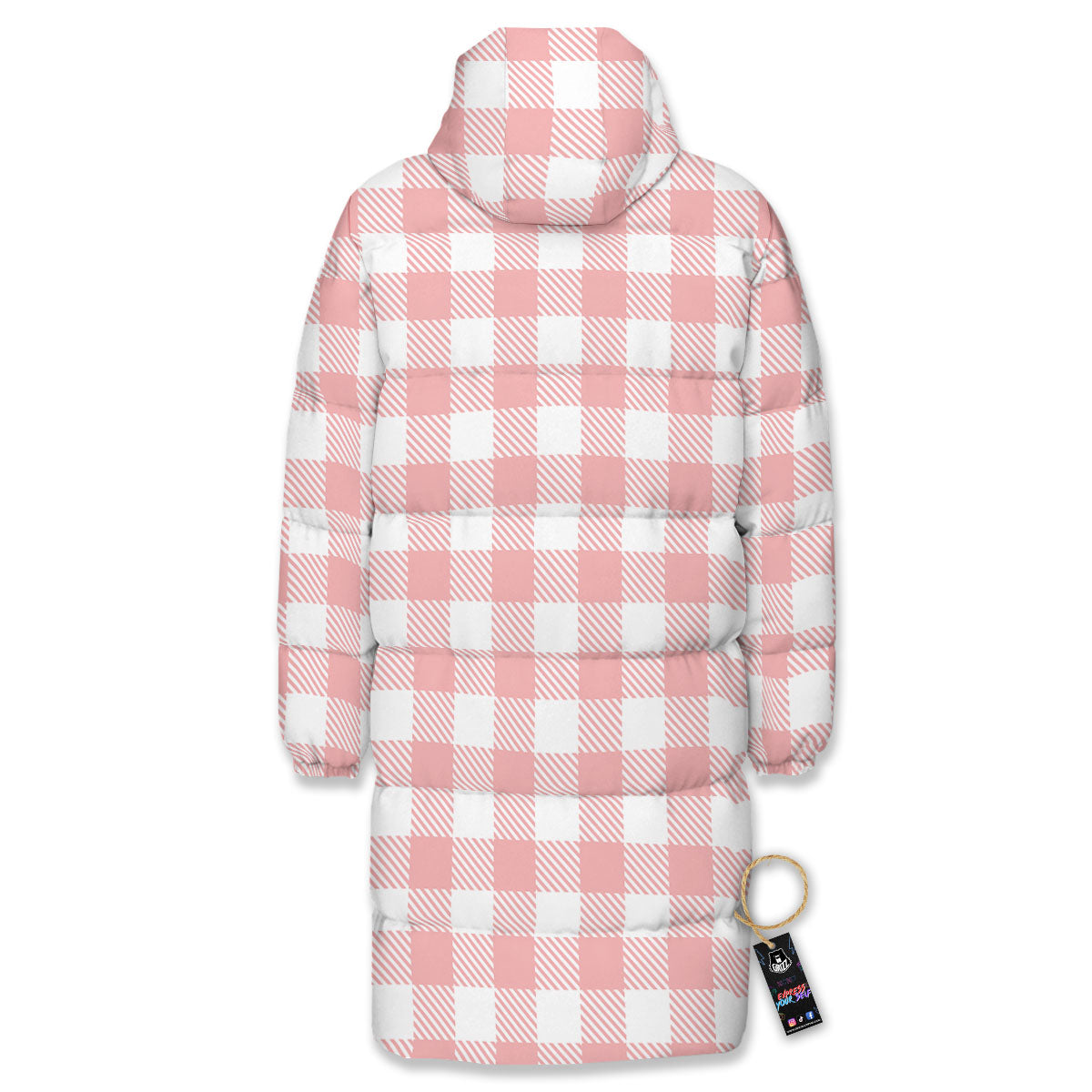 Pink And White Gingham Print Pattern Long Down Jacket-grizzshop