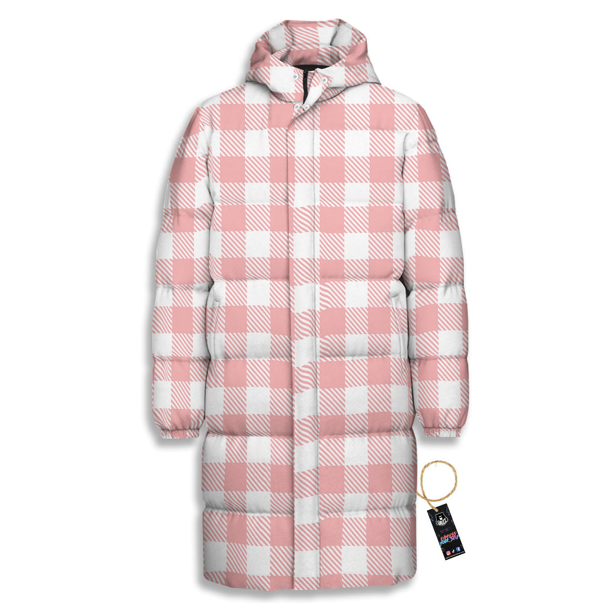 Pink And White Gingham Print Pattern Long Down Jacket-grizzshop