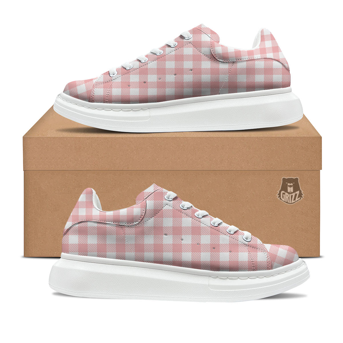 Pink And White Gingham Print Pattern Platform Shoes-grizzshop