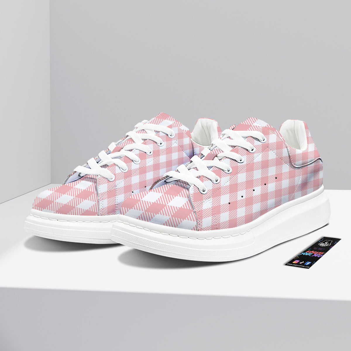 Pink And White Gingham Print Pattern Platform Shoes-grizzshop